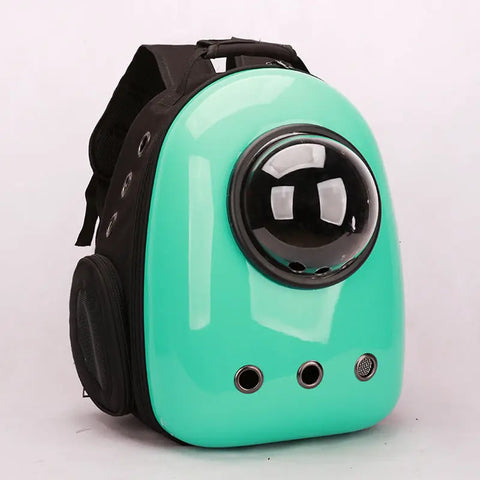 Turquoise pet carrier with a black spherical window on white background.