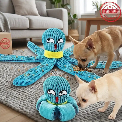 Blue dog toy shaped like an octopus with a dog playing with it on white background