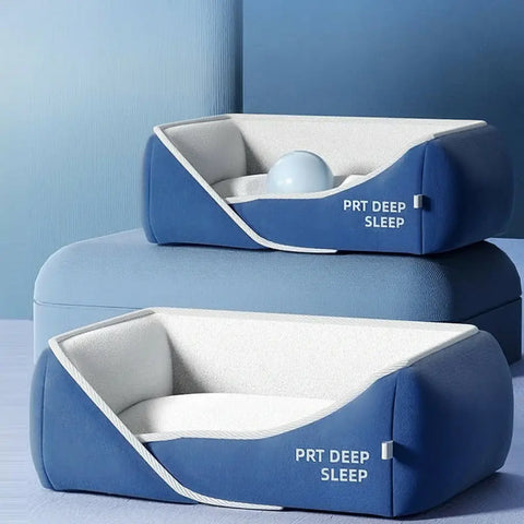 Two blue pet beds labeled 'PRT DEEP SLEEP' with Chinese text.