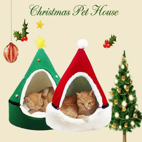 Two cats in Christmas-themed pet beds with decorated Christmas tree.