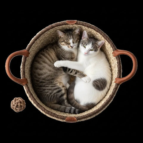 Two cats in round wicker pet bed with text on dark background.