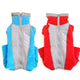 Two dog vests, one blue and gray, one red and gray, on white.