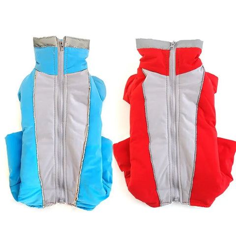 Two dog vests, one blue and gray, one red and gray, on white.