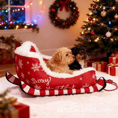 Two dogs in a red dog bed with snowflake patterns in festive room.