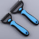 Two pet grooming tools with blue handles and black bristles.