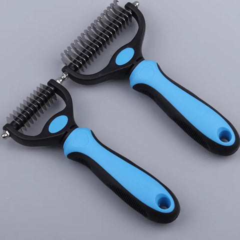 Two pet grooming tools with blue handles and black bristles.