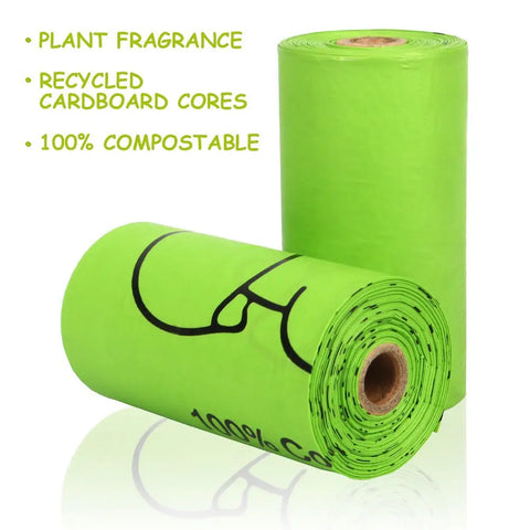 Two rolls of green compostable material with text highlighting features.