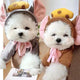 Two small dogs wearing cute costumes with hats and bows.