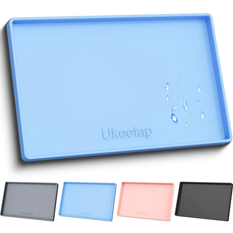 Light blue Ukeetap silicone pet feeding mat with water droplets, shown with color variations including grey, pink, and black.