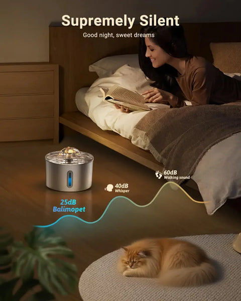 Supremely silent pet water fountain operating at 25 decibels next to a sleeping cat and person reading.