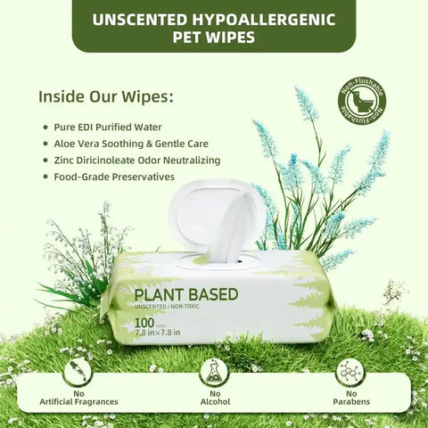 Unscented hypoallergenic plant based pet wipes package showing ingredients list and non flushable icon