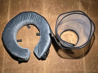 Customer review image showcasing the product components unzipped, with the plush grey foam neck collar separated from the transparent plastic shield.