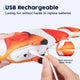 USB charger plugged into the hidden mechanism of the orange clownfish cat toy.