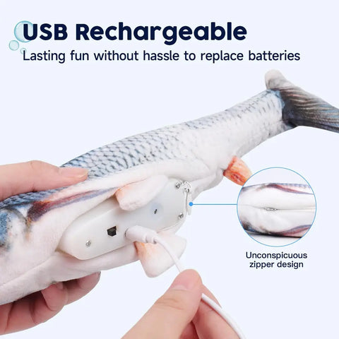Close-up of USB charging cable plugged into the hidden zipper compartment of the electric fish cat toy.