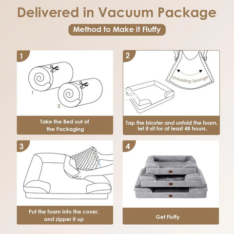 Step-by-step instructions to unbox, assemble, and fluff the vacuum-sealed orthopedic dog bed