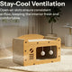 Wooden cat condo box showing stay-cool ventilation slots and dangling pom-pom teaser toys.