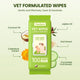 Vet formulated PawSono pet wipes highlighting natural ingredients including coconut oil, jojoba oil, oat extract, calendula extract, and cucumber fruit extract.