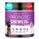 Vet-recommended probiotic chews for dogs container showing 50 chicken-flavored soft chews for all breeds and ages.