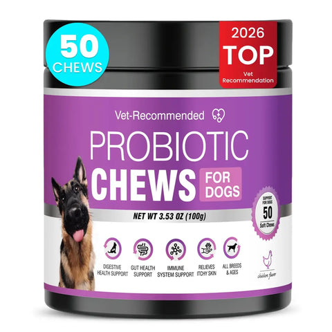 Vet-recommended probiotic chews for dogs container showing 50 chicken-flavored soft chews for all breeds and ages.