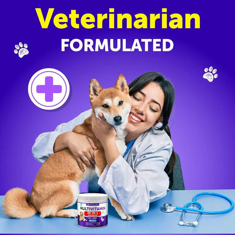 Female veterinarian hugging a Shiba Inu dog next to a bottle of Artullano 20-in-1 advanced multivitamin.