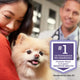 Happy pet owner holding a small dog in a clinic with a veterinarian in the background, featuring a badge for the number one veterinarian recommended probiotic brand for canine digestive health.