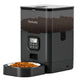 Studio shot of the Voluas 4L automatic pet feeder in black with a transparent food tank and stainless steel feeding bowl.