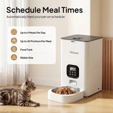 Voluas automatic pet feeder in white showing customizable schedule features up to 4 meals and 40 portions per day.