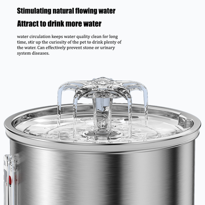 Stainless steel pet water fountain with water flowing, on a white background