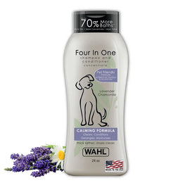 Wahl 4 in 1 calming formula dog shampoo and conditioner 24 oz bottle with lavender and chamomile flowers