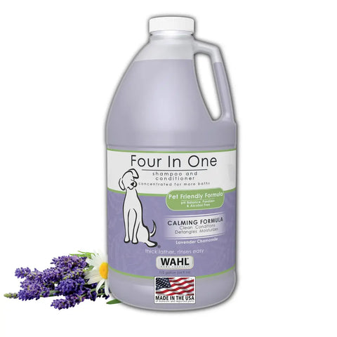 Bulk half gallon sixty-four fluid ounce bottle of Wahl Four In One calming formula dog shampoo