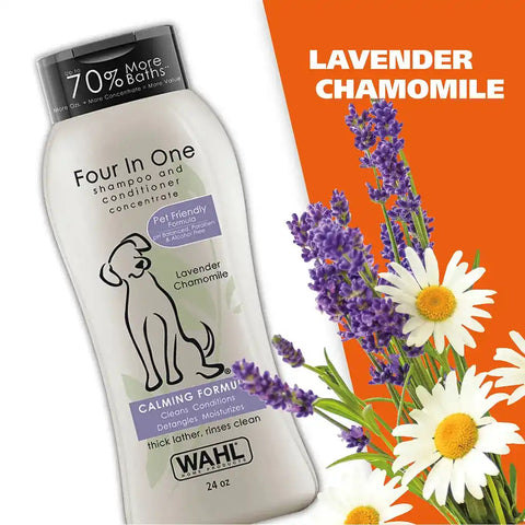 Close up of Wahl four in one lavender chamomile calming dog shampoo bottle with natural floral ingredients