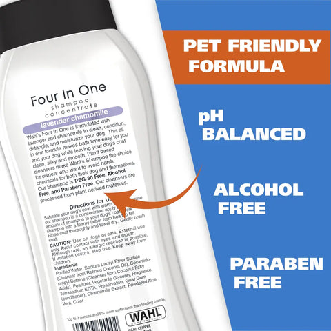 Back label of Wahl 4 in 1 dog shampoo highlighting pH balanced alcohol free and paraben free formula