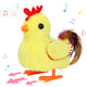 Battery-operated walking yellow chick plush toy with a red comb and colorful tail feathers