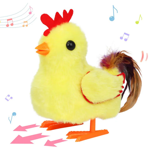 Battery-operated walking yellow chick plush toy with a red comb and colorful tail feathers