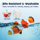 Orange clownfish plush cat toy splashing in water showing washable material and removable motor features.