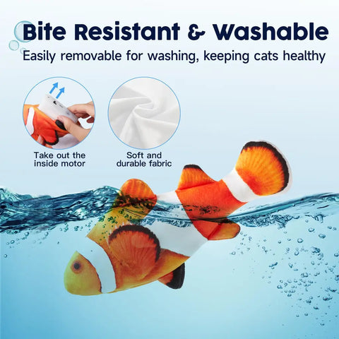 Orange clownfish plush cat toy splashing in water showing washable material and removable motor features.