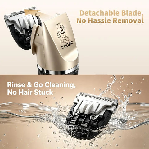 Demonstration of the detachable and washable ceramic blade assembly of the GOOAD pet trimmer being rinsed under water.
