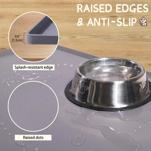 Close-up of waterproof pet mat features highlighting the 0.6 inch splash-resistant raised edge and non-slip dots.