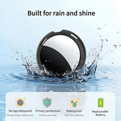 Waterproof smart tracker splashing in water with a replaceable battery icon.