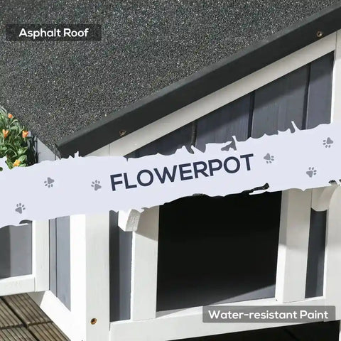 Detailed view showcasing the weatherproof asphalt roof and water-resistant non-toxic paint on the wooden cat house.