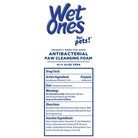 Back label details showing the drug facts, active ingredients, and directions for Wet Ones for Pets antibacterial paw foam with aloe vera.