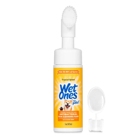Wet Ones for Pets Antibacterial Paw Cleansing Foam 5oz bottle with built-in brush head and protective cap.