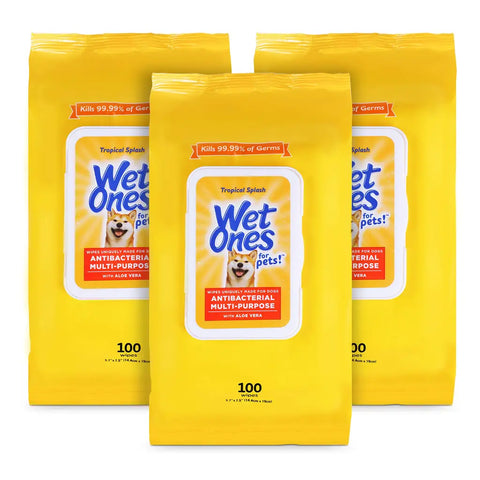 Three pack of Wet Ones for Pets multi purpose antibacterial dog wipes 100 count pouches