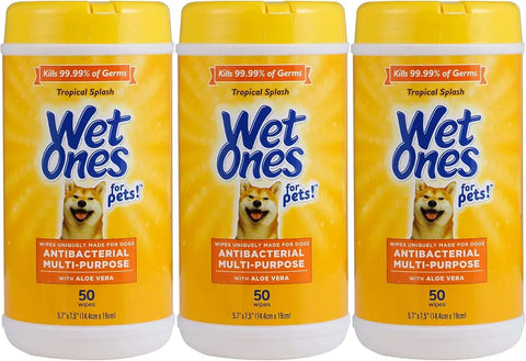 Value pack of three Wet Ones for Pets antibacterial multi purpose wipes 50 count canisters