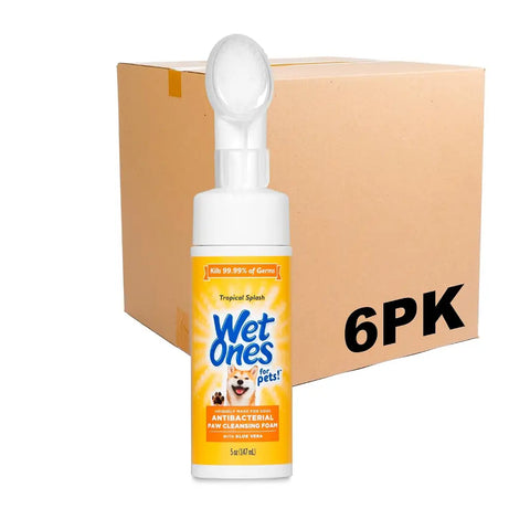 Bulk 6-pack bundle of Wet Ones for Pets antibacterial dog paw cleansing foam with a shipping box.