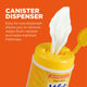 Close up of easy to use canister dispenser pulling out a fresh pet wipe