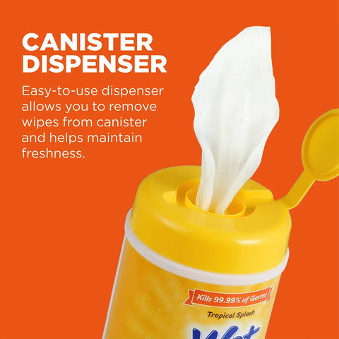 Close up of easy to use canister dispenser pulling out a fresh pet wipe