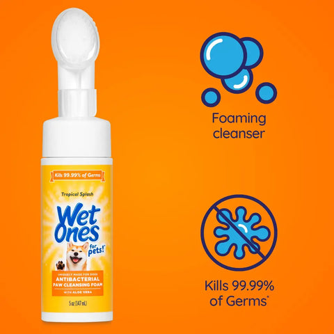 Wet Ones for Pets dog paw cleanser highlighting features: foaming cleanser action and kills 99.99 percent of germs.