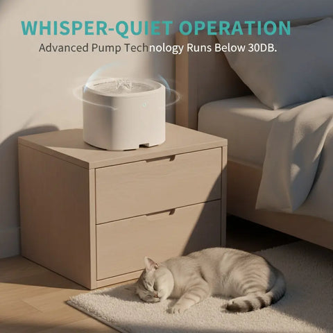 Ultra-quiet cat water fountain operating below 30dB on a bedroom nightstand next to a sleeping cat.