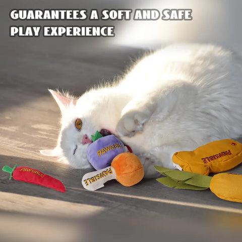 A fluffy white cat lying on its back, playing and biting a soft purple blueberry Pawsible catnip toy in the sunlight.